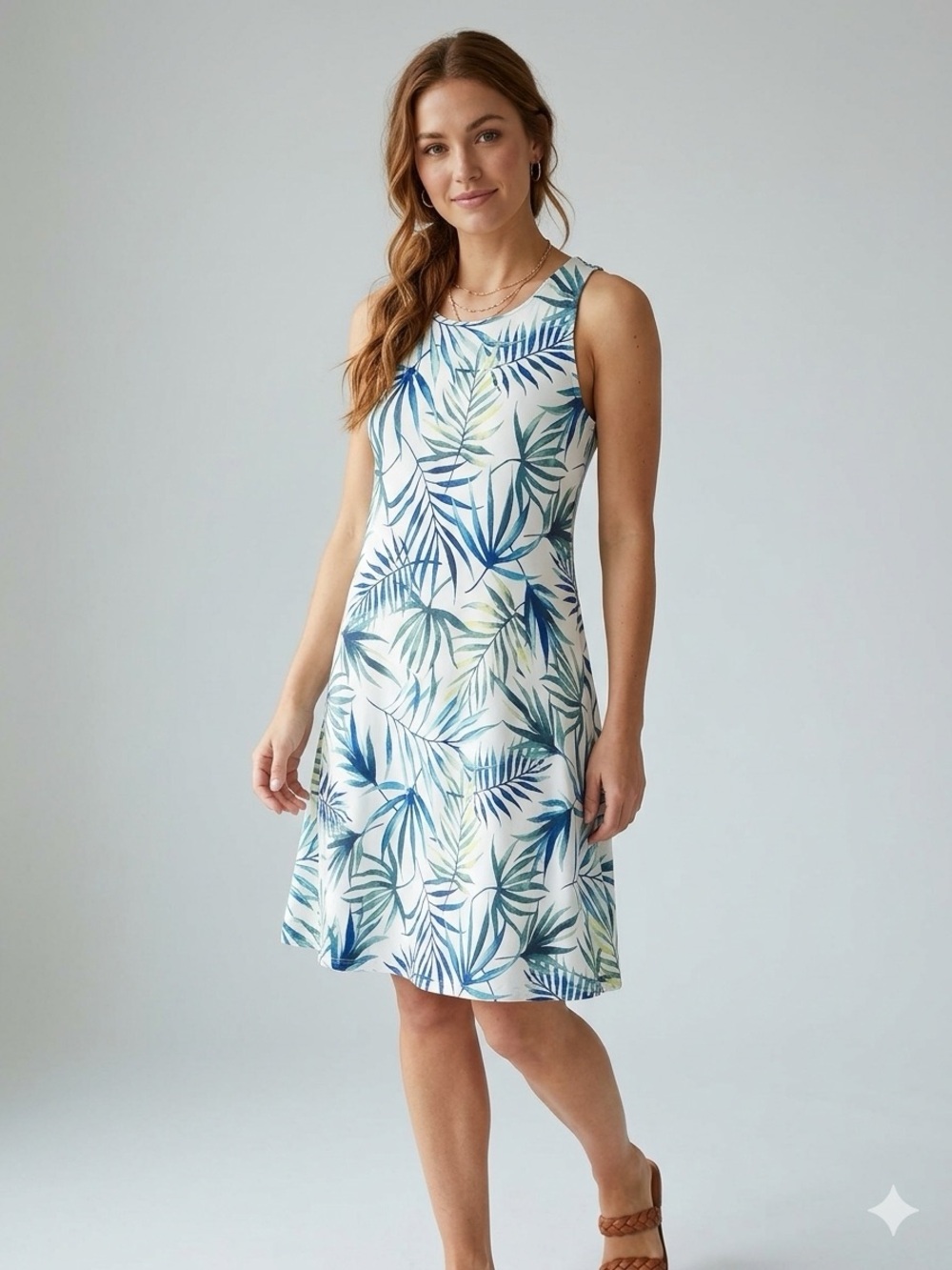 Sigrid Olsen White Maxi Dress with Blue and Green Palm Print